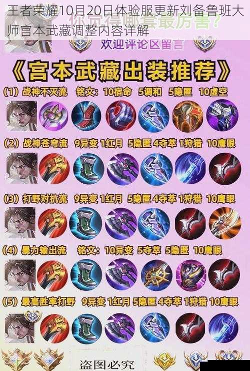 王者荣耀10月20日体验服更新刘备鲁班大师宫本武藏调整内容详解